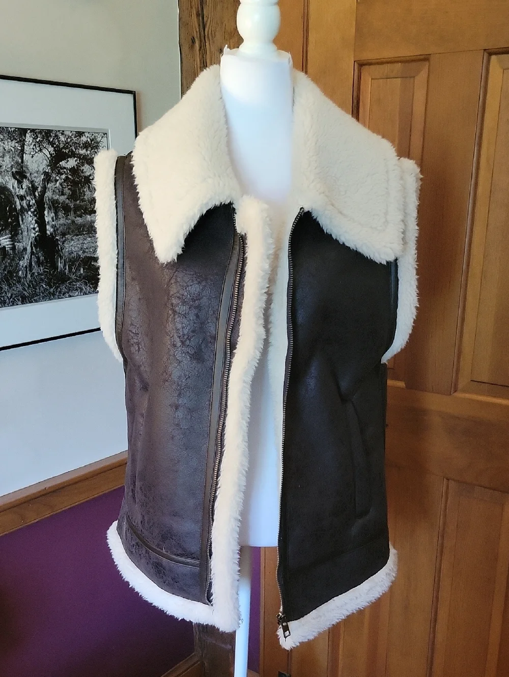 AERIE OFFLINE Faux Shearling Lined Brown Vest with Cream Collar - Picture 6 of 14